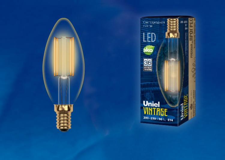 Лампа светодиодная Vintage LED-C35-5W/GOLDEN/E14 GLV21GO форма «свеча», золотистая колба с гарантией 