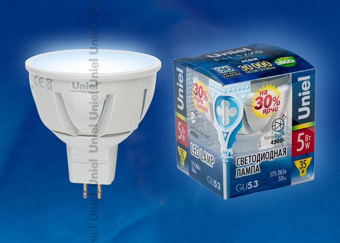 Лампа светодиодная LED-JCDR-5W/GU5.3/FR ALP01WH пластик с гарантией 3 года
