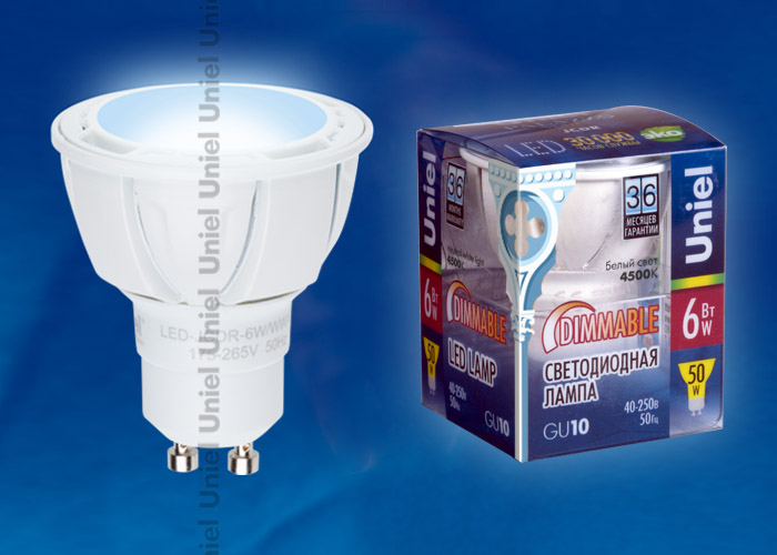Лампа светодиодная LED-JCDR-6W/GU10/FR/DIM/38D ALP01WH пластик с гарантией 3 года