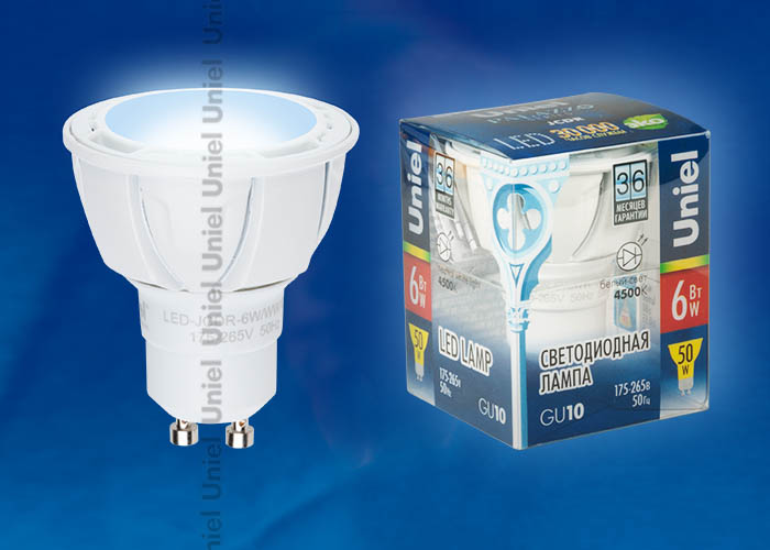 Лампа светодиодная LED-JCDR-6W/GU10/FR/38D ALP01WH пластик с гарантией 3 года