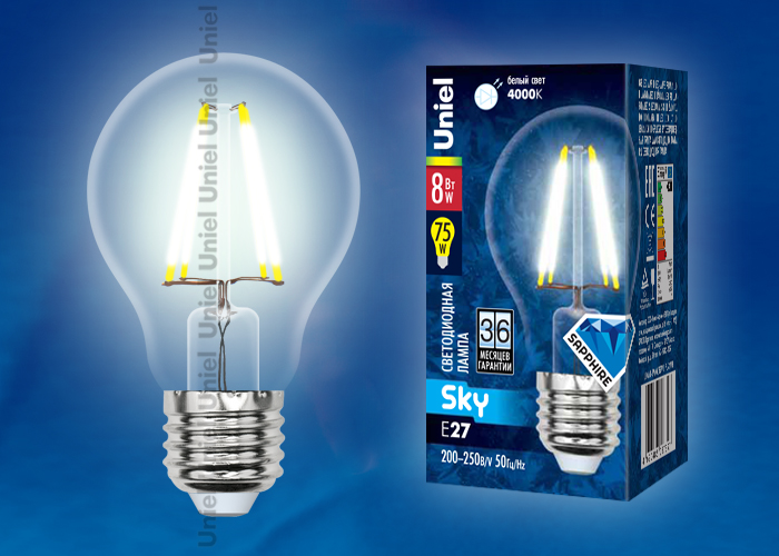 Лампа светодиодная LED-A60-8W/E27/CL PLS02WH картон с гарантией 3 года